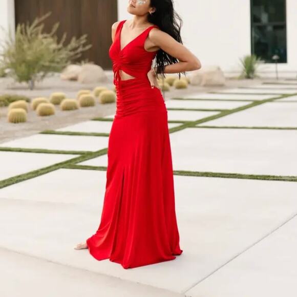 Zac Posen Red Cutout Waist Maxi Dress Size 10 Jersey Ruched Gown Designer $550 - Picture 6 of 11